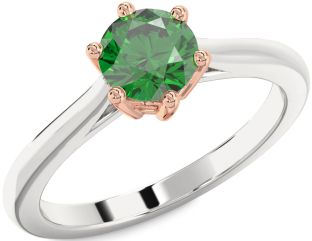 Emerald Silver & 10K Rose Gold Round Solitaire Engagement Ring