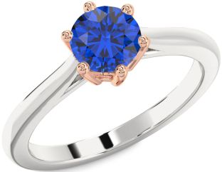 Blue Sapphire White Rose Gold Round Solitaire Engagement Ring