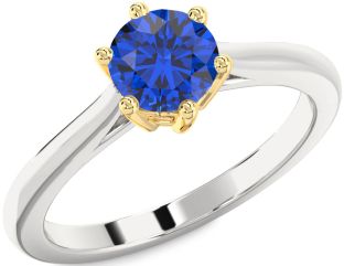 Blue Sapphire White Yellow Gold Round Solitaire Engagement Ring