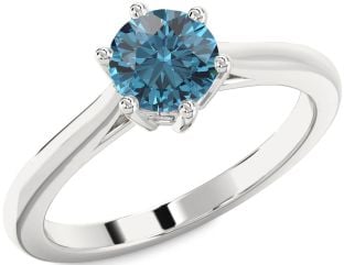 Blue Diamond Silver Round Solitaire Engagement Ring