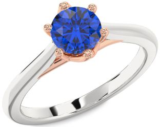 Blue Sapphire White Rose Gold Round Solitaire Engagement Ring