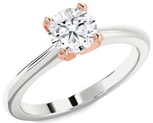 Diamond Silver & 10K Rose Gold Round Solitaire Engagement Ring