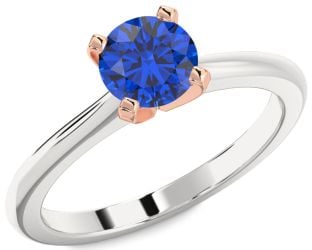 Blue Sapphire White Rose Gold Round Solitaire Engagement Ring