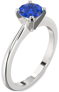 Blue Sapphire Silver Round Solitaire Engagement Ring