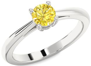 Yellow Diamond Silver Round Solitaire Engagement Ring