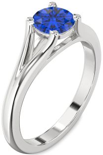 Blue Sapphire Silver Round Solitaire Engagement Ring