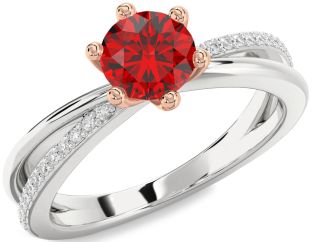 Diamond Ruby Silver & 10K Rose Gold Round Solitaire Engagement Ring