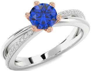 Diamond Blue Sapphire Silver & 10K Rose Gold Round Solitaire Engagement Ring