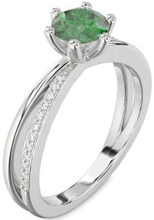 Diamond Emerald Platinum Round Solitaire Engagement Ring