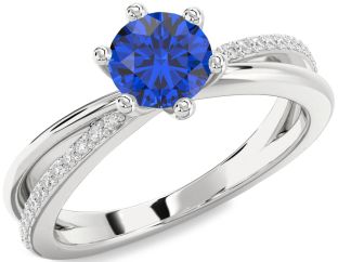 Diamond Blue Sapphire Silver Round Solitaire Engagement Ring