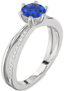 Diamond Blue Sapphire Silver Round Solitaire Engagement Ring