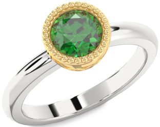 Emerald Silver & 10K gold Round Solitaire Engagement Ring