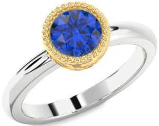 Blue Sapphire Gold Silver Round Vintage Engagement Ring