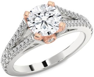 Diamond Silver & 10K Rose Gold Round Solitaire Pave Engagement Ring