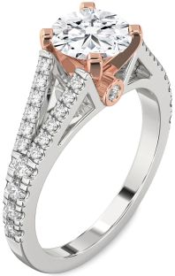 Diamond Silver & 10K Rose Gold Round Solitaire Pave Engagement Ring