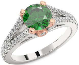 Diamond Emerald Silver & 10K Rose Gold Round Solitaire Pave Engagement Ring