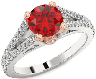 Diamond Ruby Silver & 10K Rose Gold Round Solitaire Pave Engagement Ring