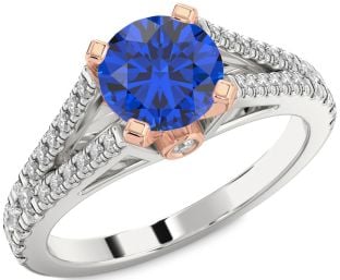 Diamond Blue Sapphire Platinum & Rose Gold Round Solitaire Pave Engagement Ring