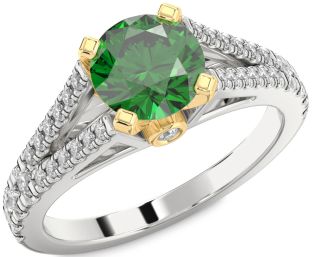 Diamond Emerald Silver & 10K gold Round Solitaire Pave Engagement Ring