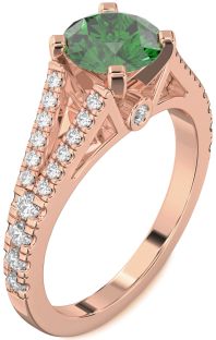 Diamond Emerald Rose Gold Round Solitaire Pave Engagement Ring