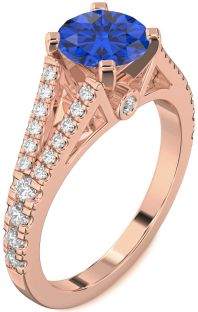 Diamond Blue Sapphire Rose Gold Round Solitaire Pave Engagement Ring