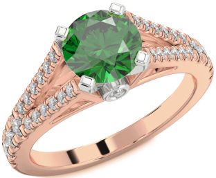 Diamond Emerald White Rose Gold Round Solitaire Pave Engagement Ring