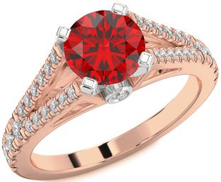 Diamond Ruby White Rose Gold Round Solitaire Pave Engagement Ring