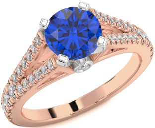 Diamond Blue Sapphire Platinum & Rose Gold Round Solitaire Pave Engagement Ring