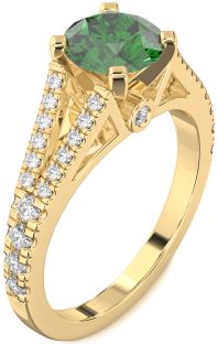Diamond Emerald Gold Round Solitaire Pave Engagement Ring