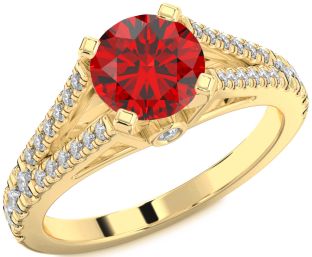 Diamond Ruby Gold Round Solitaire Pave Engagement Ring
