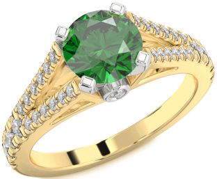 Diamond Emerald White Yellow Gold Round Solitaire Pave Engagement Ring