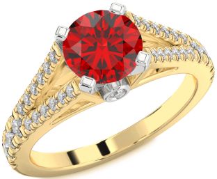 Diamond Ruby Platinum & Yellow Gold Round Solitaire Pave Engagement Ring