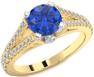 Diamond Blue Sapphire Platinum & Yellow Gold Round Solitaire Pave Engagement Ring