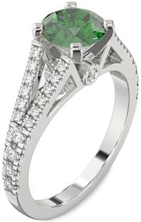 Diamond Emerald Platinum Round Solitaire Pave Engagement Ring