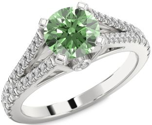 Green Diamond Silver Round Solitaire Pave Engagement Ring