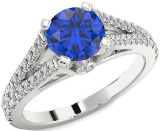 Diamond Blue Sapphire Platinum Round Solitaire Pave Engagement Ring