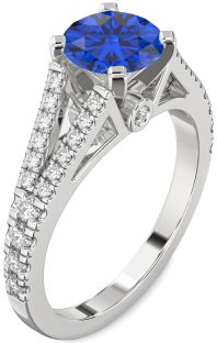 Diamond Blue Sapphire Platinum Round Solitaire Pave Engagement Ring