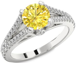 Yellow Diamond Silver Round Solitaire Pave Engagement Ring
