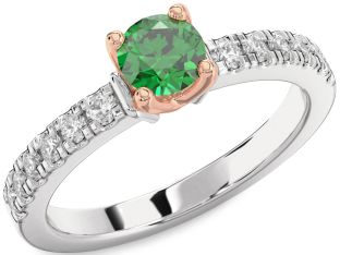 Diamond Emerald Silver & 10K Rose Gold Round Solitaire Pave Engagement Ring