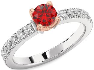 Diamond Ruby Silver & 10K Rose Gold Round Solitaire Pave Engagement Ring