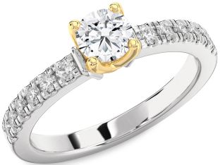 Diamond Silver & 10K gold Round Solitaire Pave Engagement Ring