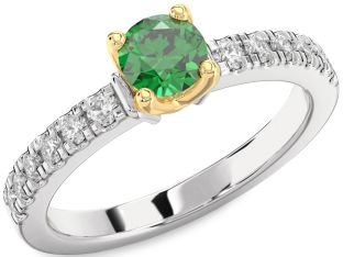 Diamond Emerald Silver & 10K gold Round Solitaire Pave Engagement Ring