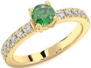 Diamond Emerald Gold Round Solitaire Pave Engagement Ring