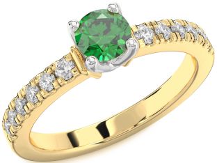 Diamond Emerald White Yellow Gold Round Solitaire Pave Engagement Ring