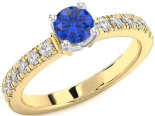 Diamond Blue Sapphire Platinum & Yellow Gold Round Solitaire Engagement Ring