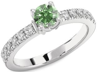 Green Diamond Silver Round Solitaire Engagement Ring