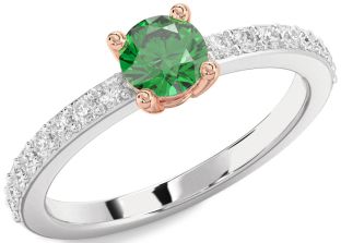 Diamond Emerald Silver & 10K Rose Gold Round Solitaire Pave Engagement Ring