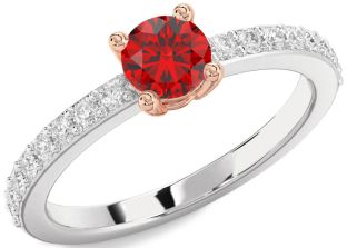 Diamond Ruby Silver & 10K Rose Gold Round Solitaire Pave Engagement Ring