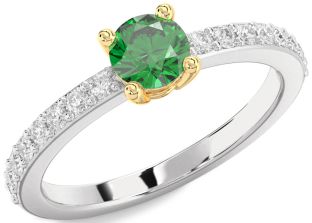 Diamond Emerald Silver & 10K gold Round Solitaire Pave Engagement Ring