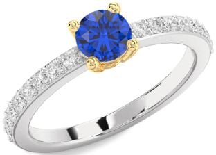 Diamond Blue Sapphire White Yellow Gold Round Solitaire Pave Engagement Ring